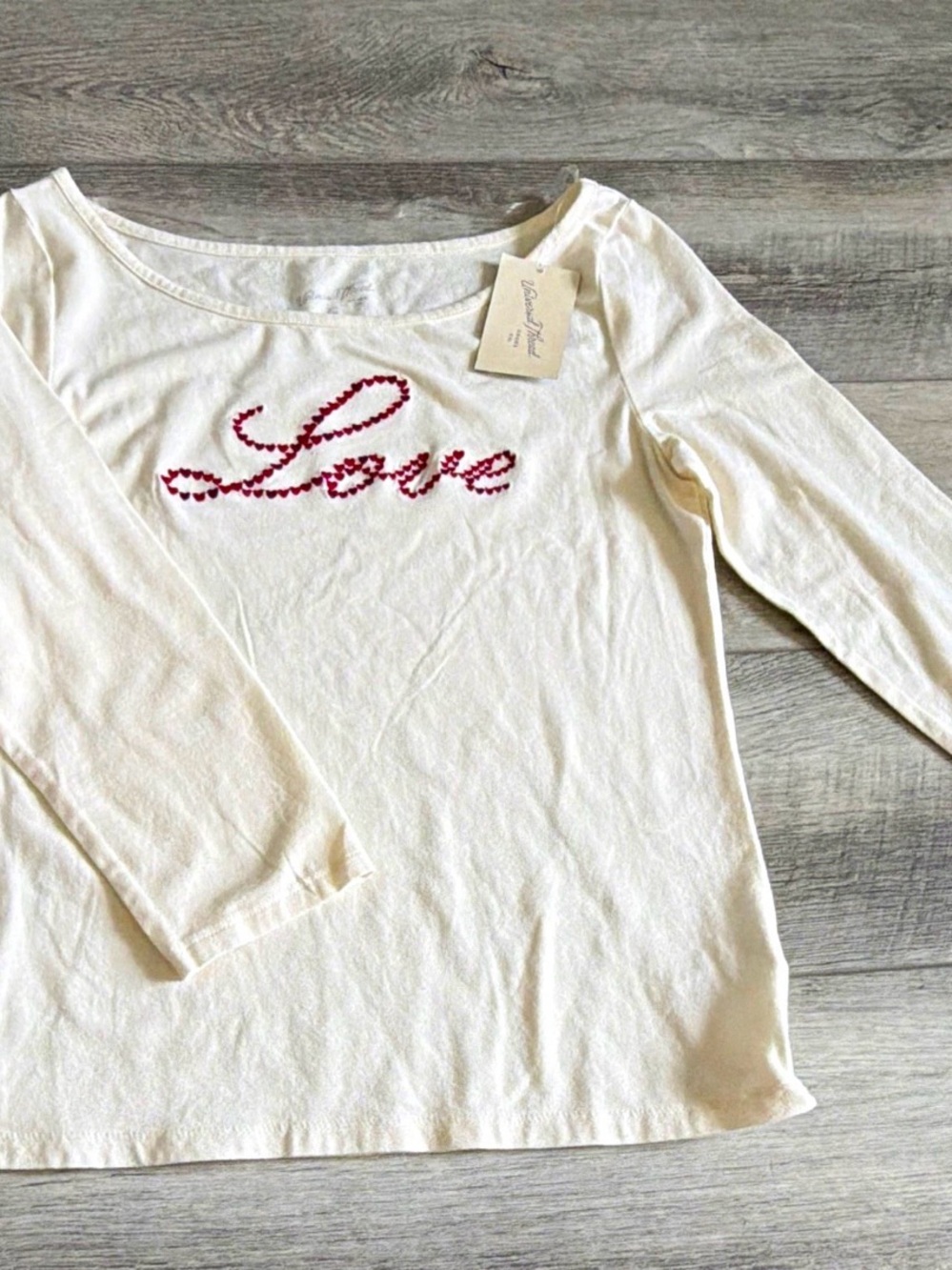 Universal Thread Cream 3/4 Long-Sleeve Top with Red "Love" Embroidery
